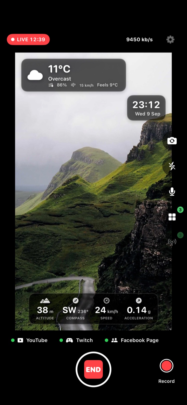 StarLive Go streaming a mountain road with weather, clock and motion widgets on the video