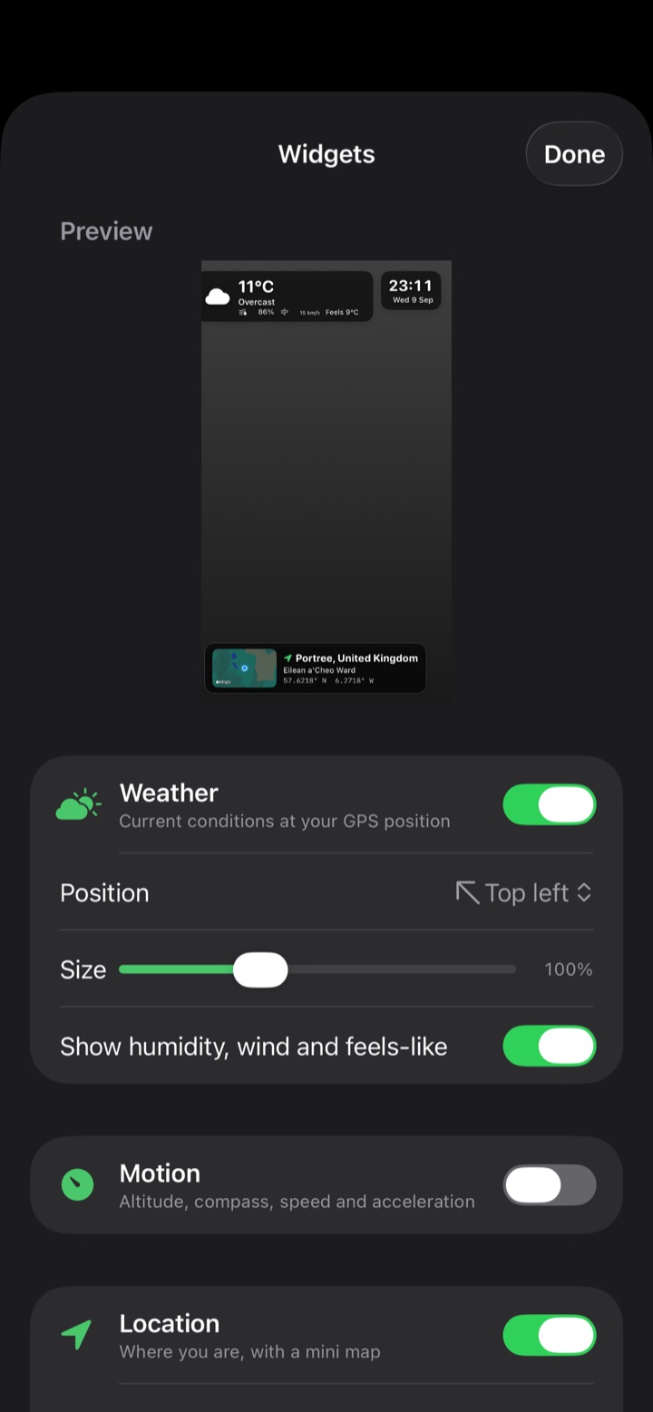 Widgets sheet with a live preview and toggles