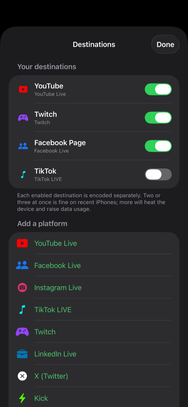 Destinations list with YouTube, Twitch and Facebook enabled